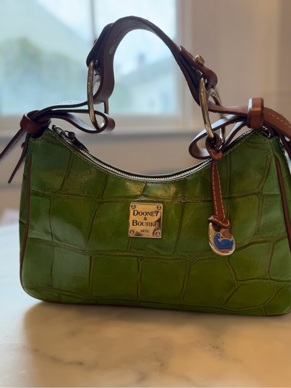 Dooney & Bourke Green Croc-Embossed Leather Shoulder Bag with Brown Trim